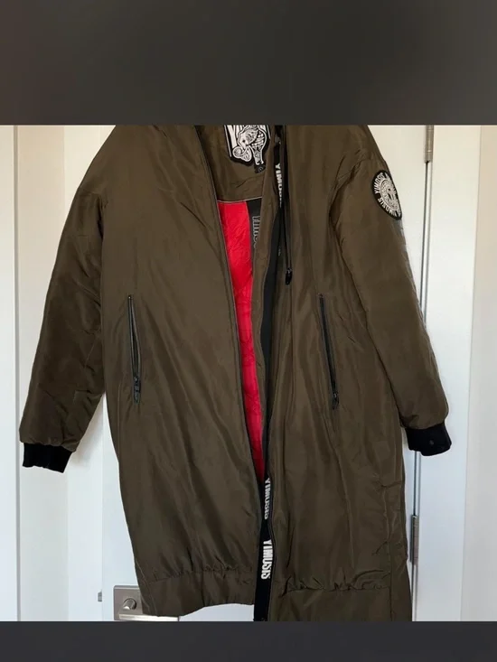 Olive Green Long Bomber Coat - Men's Quilted Jacket - Picture 2 of 6